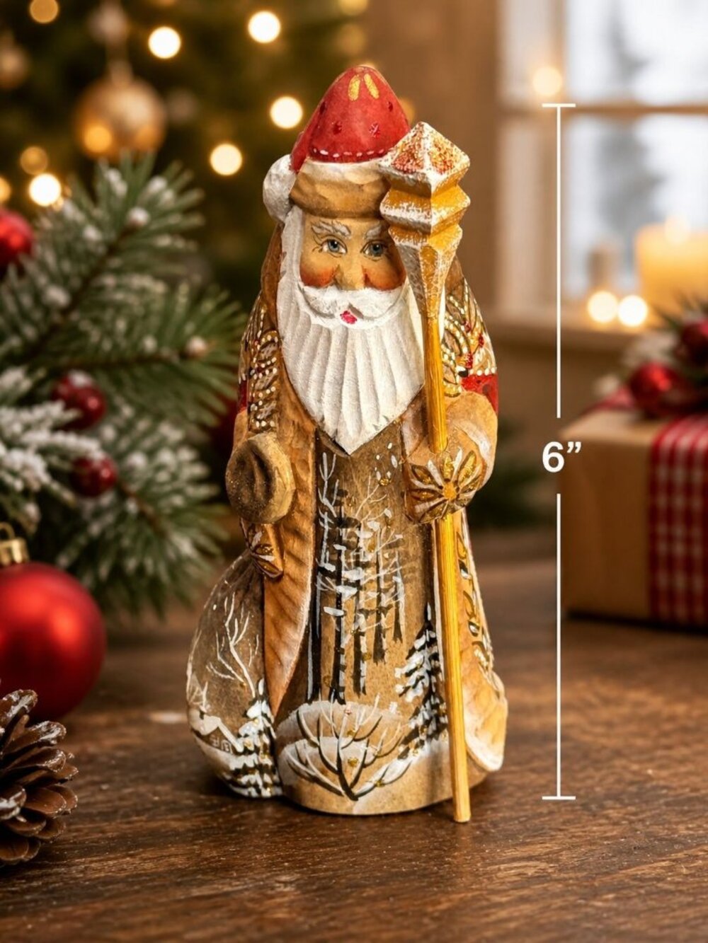 Russian Ded Moroz Father Frost Wood Santa Figurine 6" Signed Hand Made In Russia